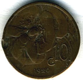 Итальянская монета 1920 года с профилем Виктора-Эммануила 3. (увеличено) Из коллекции Лимарева В.Н..