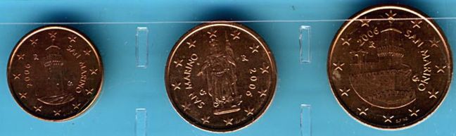 Монеты (1.2,5 евроцента) выпущенные в Сан-Марино (увеличено). Из коллекции Лимарева В.Н.
