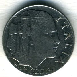 Итальянская монета 1941 года с профилем Виктора-Эммануила 3.(увеличено) Из коллекции Лимарева В.Н.