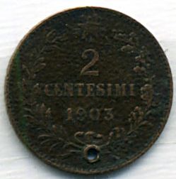 Итальянская монета 1903 года с профилем Виктора-Эммануила 3.(увеличено) Из коллекции Лимарева В.Н.