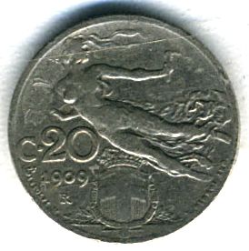 Итальянская монета 1909 года в правление короля  Виктора-Эммануила 3.(увеличено) Из коллекции Лимарева В.Н.