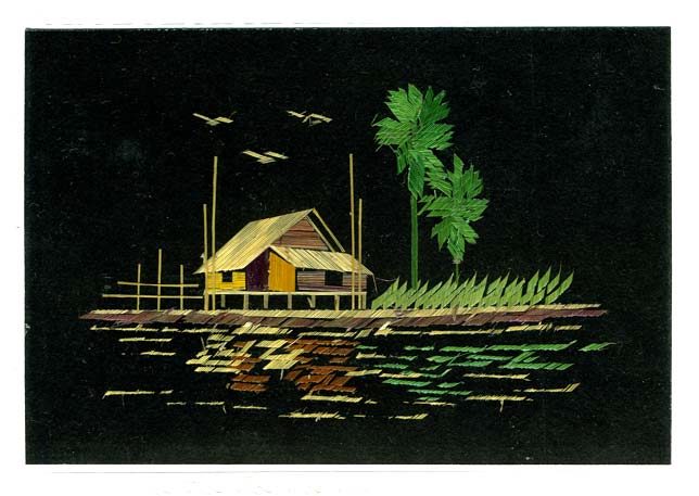 Бирманская открытка. Пейзаж выложенный из соломки. 21 век.(Из коллекции Лимарева В.Н.)