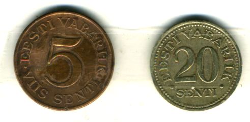 Эстонские монеты (5 и 20 сенти) начала 30 годов 20 века.(увеличено) Из коллекции Лимарева В.Н.